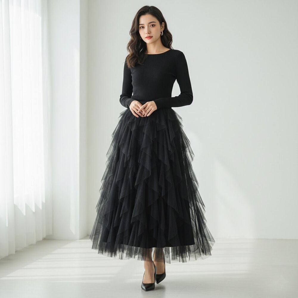 BLACK RUFFLE SKIRT - Picture 2 of 3